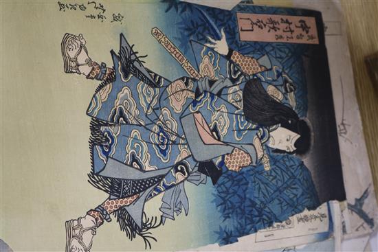 A folio of assorted Japanese woodblock prints and drawings, and an erotic folding book